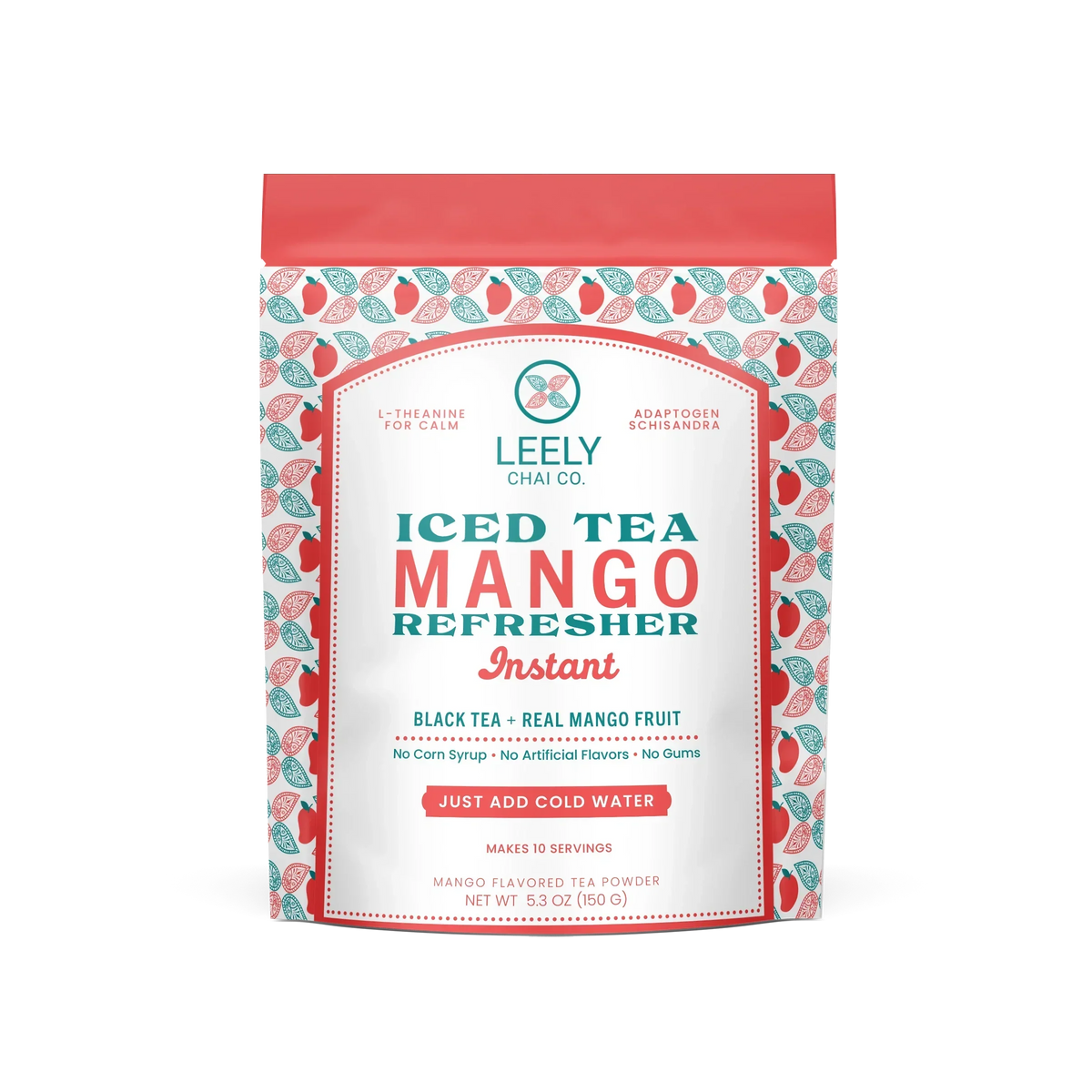 Leely Chai Co. Iced Tea Mango Refresher pouch on a white background.