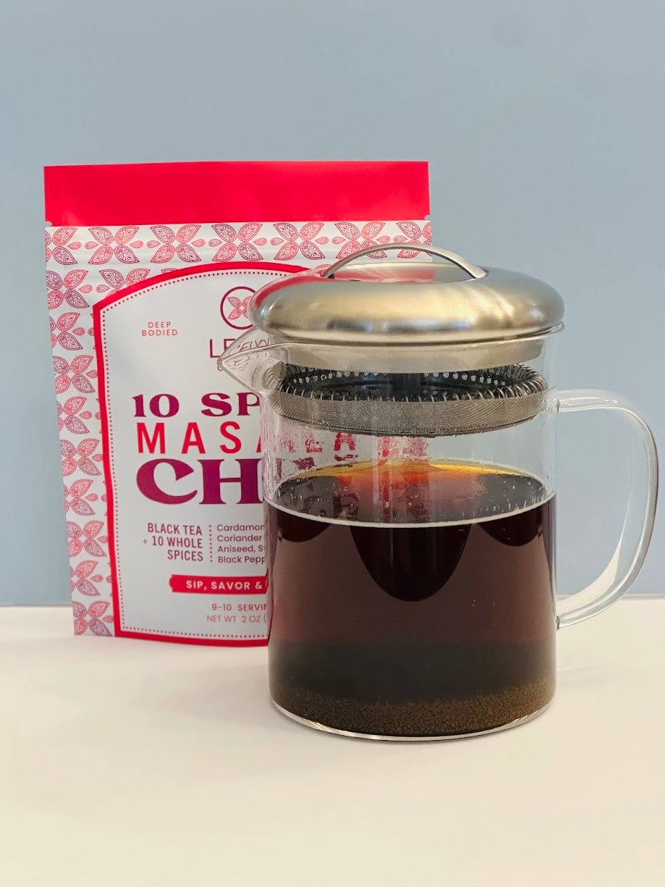 Easy brew teapot with loose leaf masala chai and built in stainless steel tea strainer