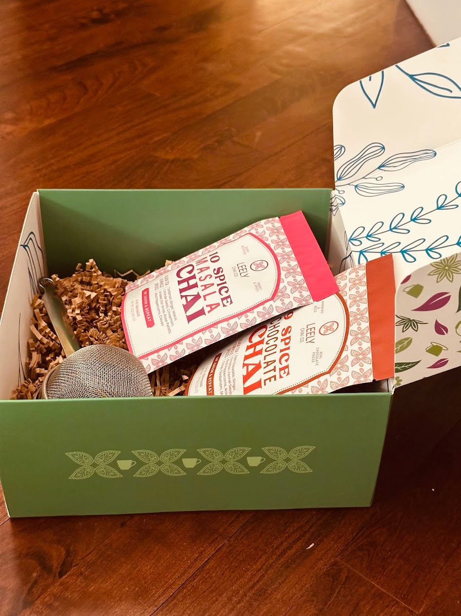 Chai starter gift box with loose leaf chai and stainless steel strainer